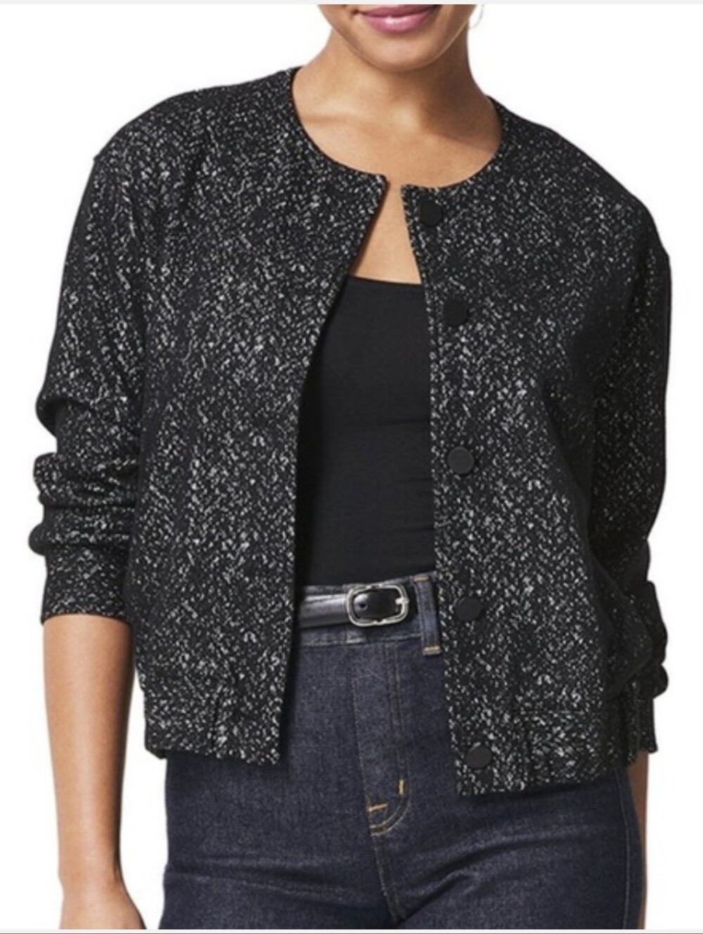 NEW Spanx Ponte Bomber Jacket Black & White Herringbone Women's Size 1X